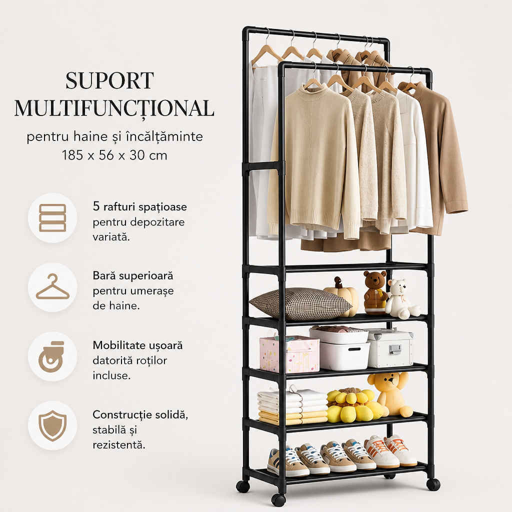 SUPORT METALIC MULTIFUNCȚIONAL PENTRU HAINE ȘI ÎNCĂLȚĂMINTE, CU RAFTURI ȘI BARĂ PENTRU UMERAȘE, 185 X 56 X 30 CM