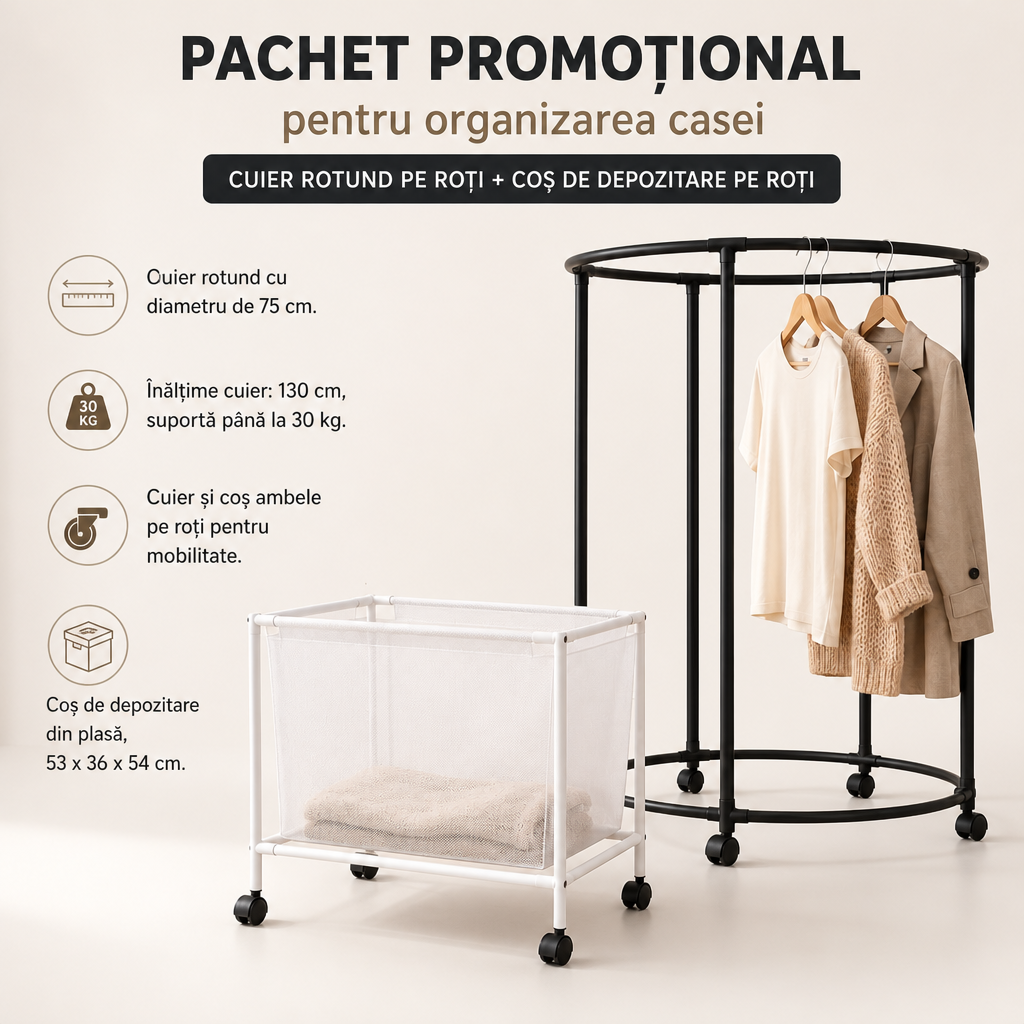 Pachet promoțional pentru organizarea casei – Cuier rotund pe roți + coș de depozitare pe roți