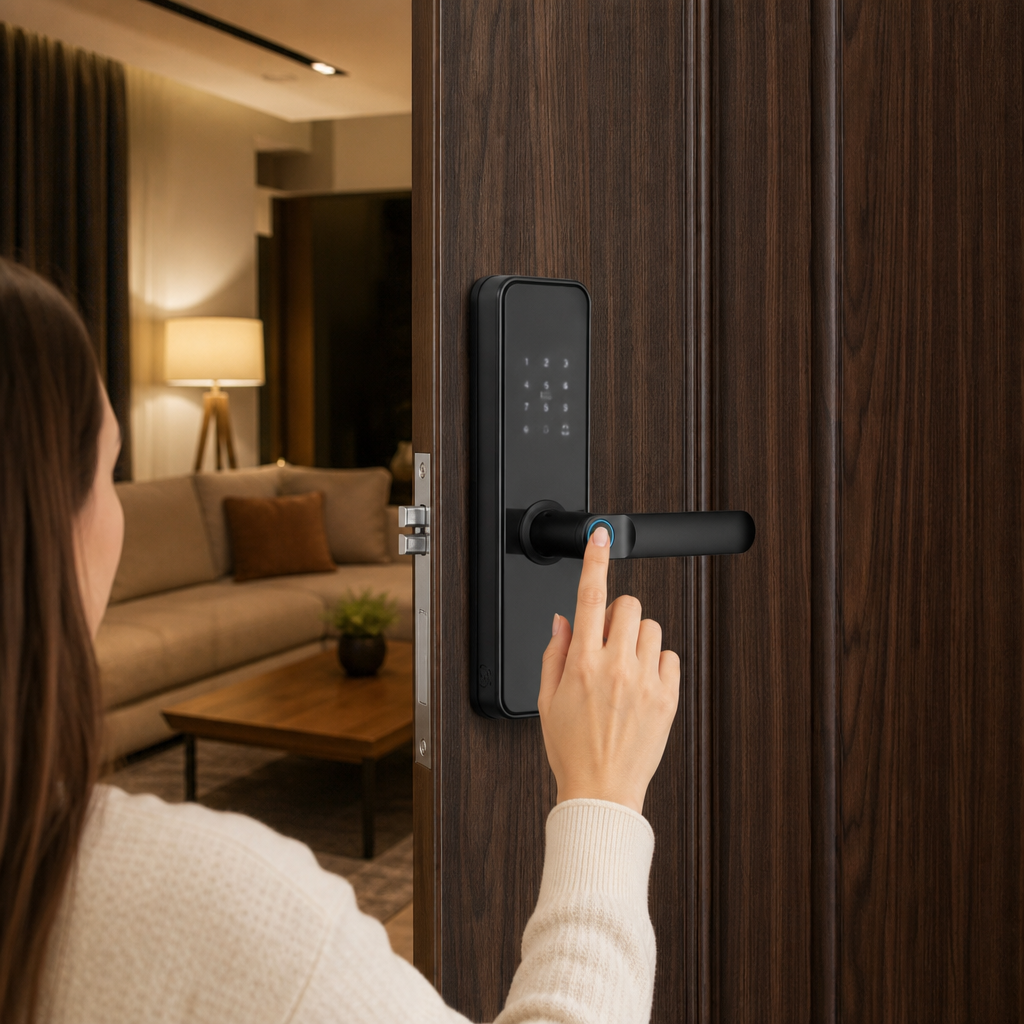 ÎNCUIETOARE SMART WIFI PENTRU UȘĂ CU AMPRENTĂ, PAROLĂ, CARD ȘI CHEIE, APLICAȚIE, SONERIE INTEGRATĂ, NEGRU 3