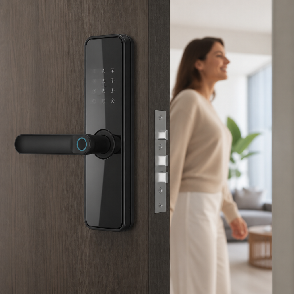 ÎNCUIETOARE SMART WIFI PENTRU UȘĂ CU AMPRENTĂ, PAROLĂ, CARD ȘI CHEIE, APLICAȚIE, SONERIE INTEGRATĂ, NEGRU 6