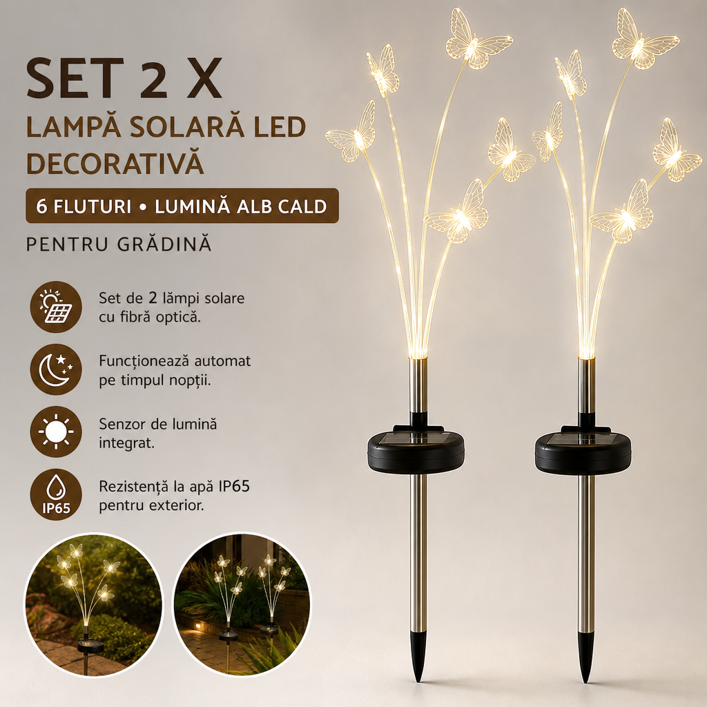 SET 2 X LAMPĂ SOLARĂ LED DECORATIVĂ, 6 FLUTURI, LUMINĂ ALB CALD, PENTRU GRĂDINĂ