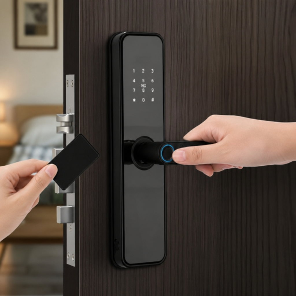 ÎNCUIETOARE SMART WIFI PENTRU UȘĂ CU AMPRENTĂ, PAROLĂ, CARD ȘI CHEIE, APLICAȚIE, SONERIE INTEGRATĂ, NEGRU 5