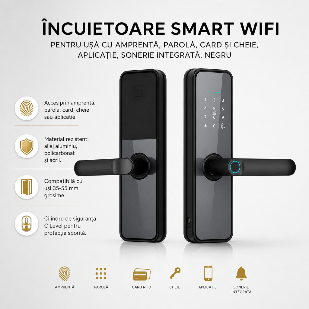 ÎNCUIETOARE SMART WIFI PENTRU UȘĂ CU AMPRENTĂ, PAROLĂ, CARD ȘI CHEIE, APLICAȚIE, SONERIE INTEGRATĂ, NEGRU
