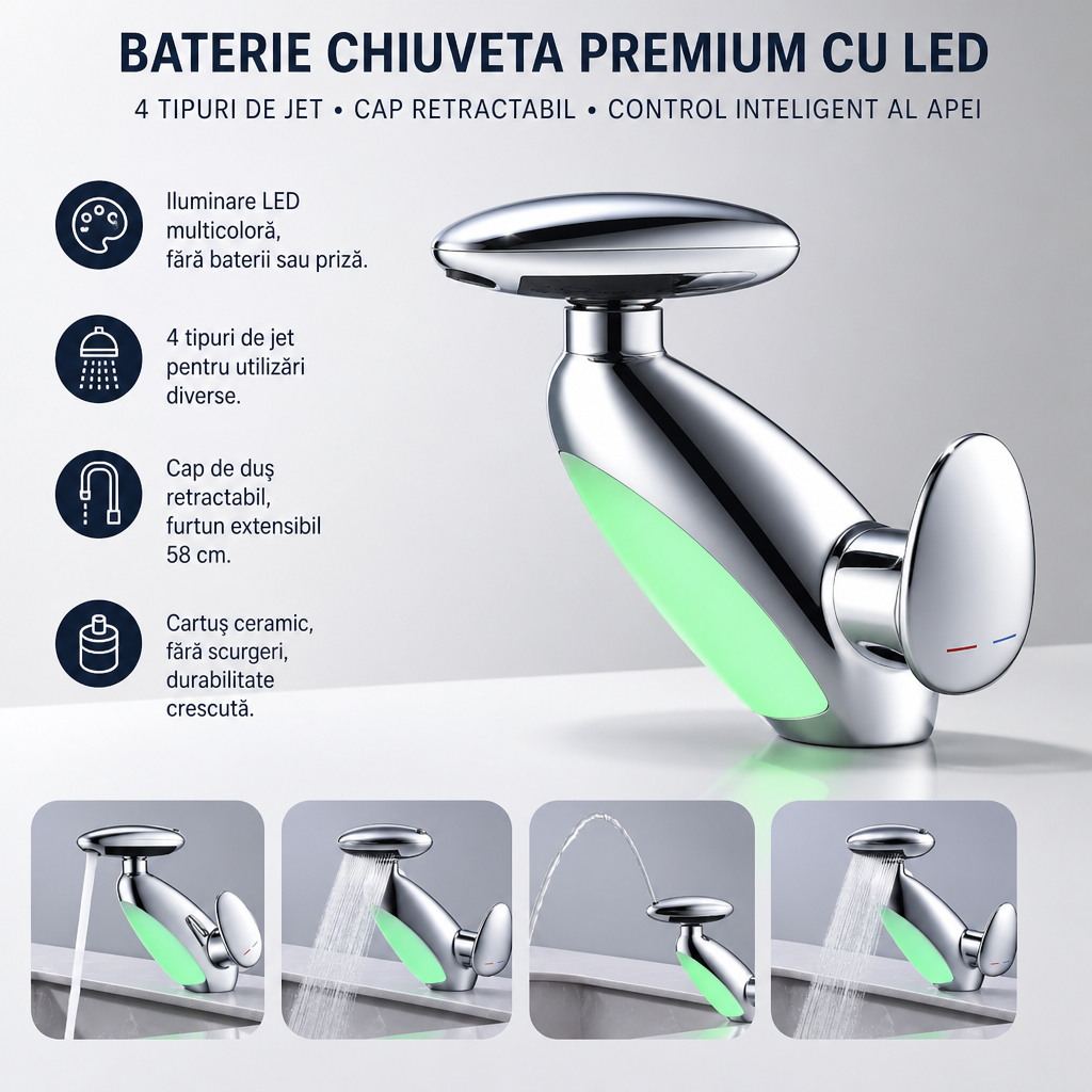 BATERIE CHIUVETA PREMIUM CU LED, 4 TIPURI DE JET, CAP RETRACTABIL, CONTROL INTELIGENT AL APEI 