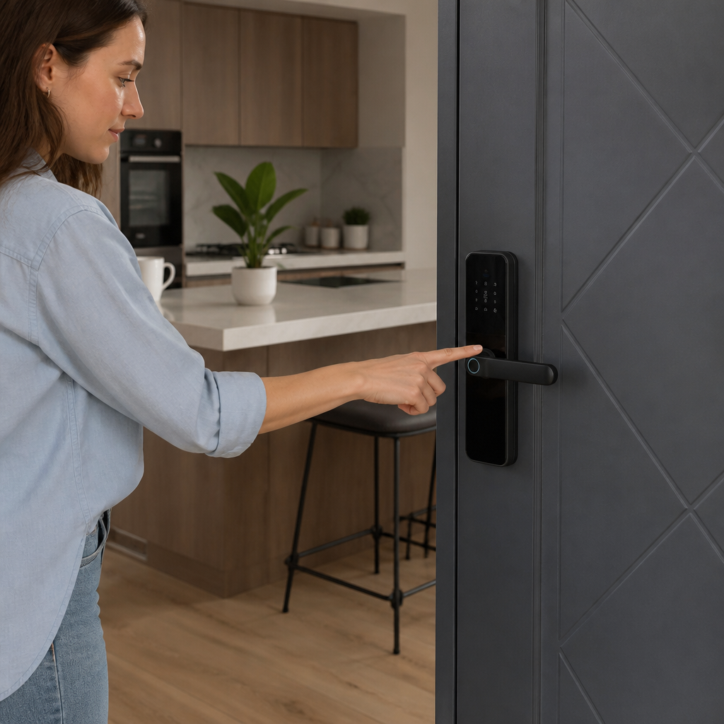 ÎNCUIETOARE SMART WIFI PENTRU UȘĂ CU AMPRENTĂ, PAROLĂ, CARD ȘI CHEIE, APLICAȚIE, SONERIE INTEGRATĂ, NEGRU 2