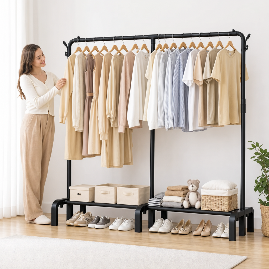 CUIER DUBLU MULTIFUNCȚIONAL PENTRU HAINE, CU RAFT DE DEPOZITARE, SUPORT PANTOFI ȘI CÂRLIGE LATERALE, 160 × 39,5 × 153 CM 6